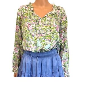 Stella Parker large tropical isle tie front peasant blouse top TLS1 3095